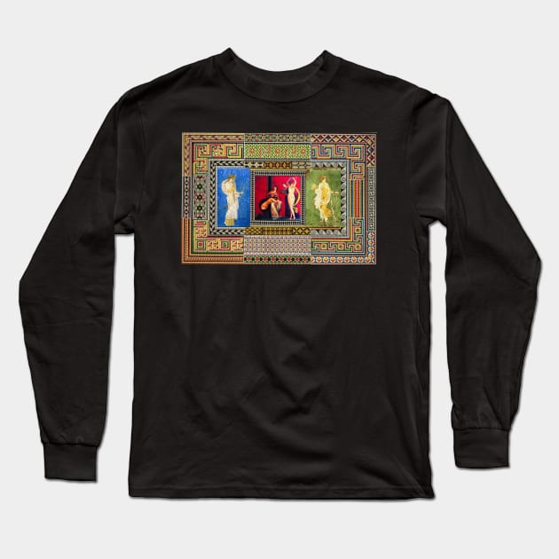 DANCING MAENAD WITH DIANA AND FLORA ,ANTIQUE ROMAN PAINTINGS AND MOSAICS Long Sleeve T-Shirt by BulganLumini